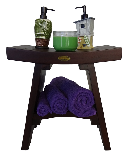 Compact Curviliniear Teak Shower Outdoor Bench With Shelf In Brown Finish-3