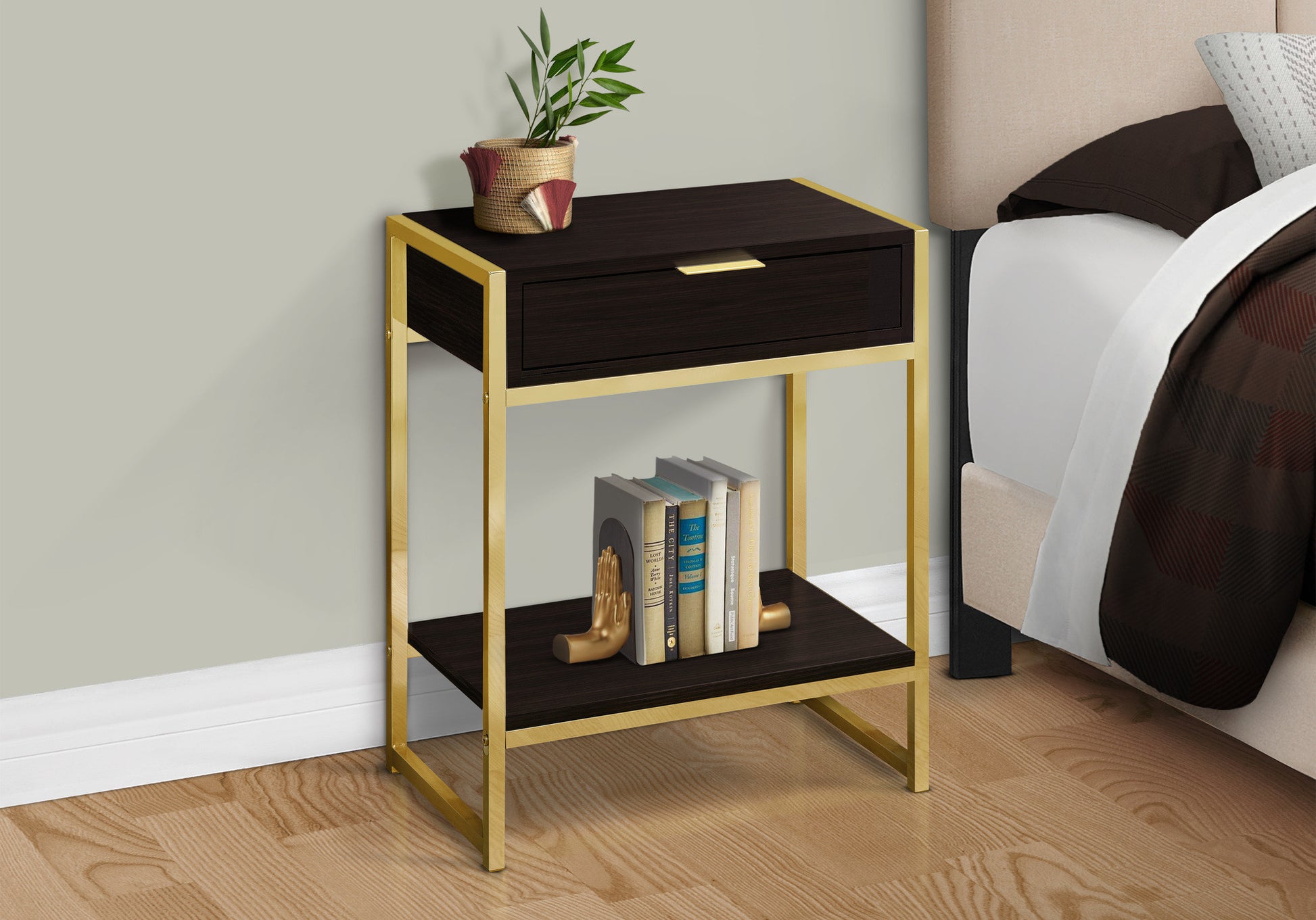 24" Gold And Dark Brown Wood And Metal End Table With Drawer And Shelf-5