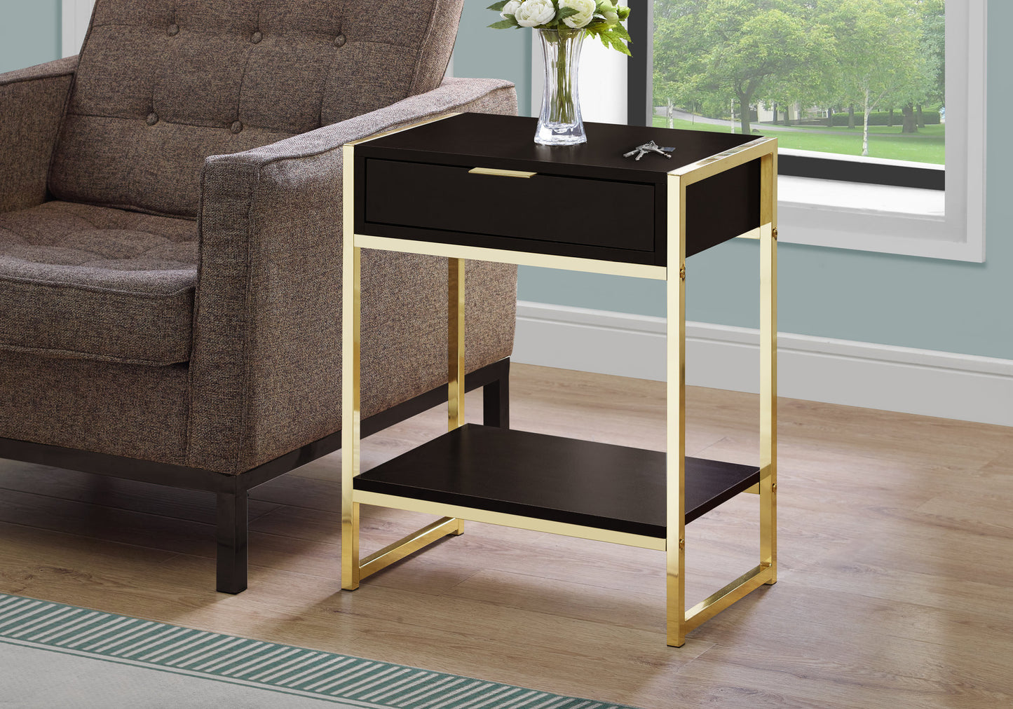 24" Gold And Dark Brown Wood And Metal End Table With Drawer And Shelf-7