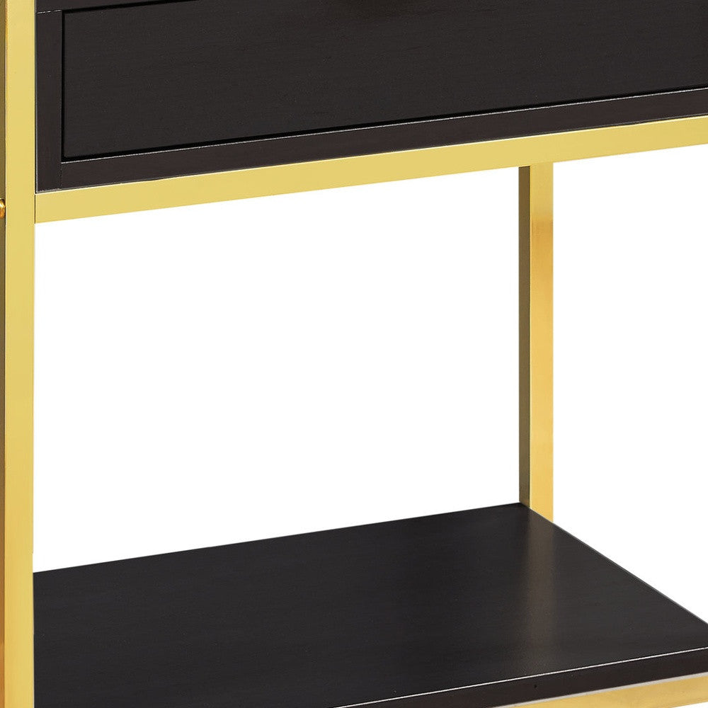 24" Gold And Dark Brown Wood And Metal End Table With Drawer And Shelf-1