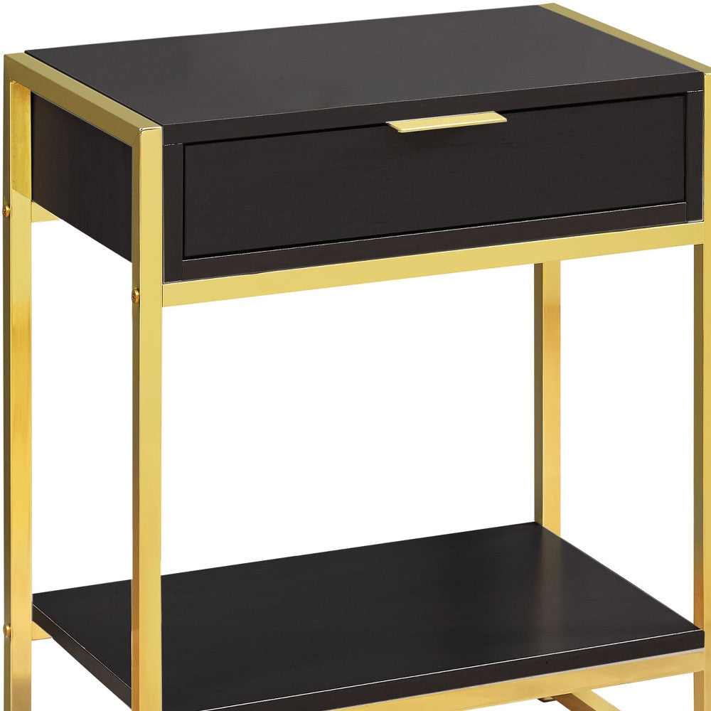 24" Gold And Dark Brown Wood And Metal End Table With Drawer And Shelf-2