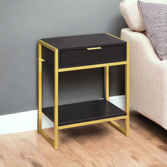 24" Gold And Dark Brown Wood And Metal End Table With Drawer And Shelf-0