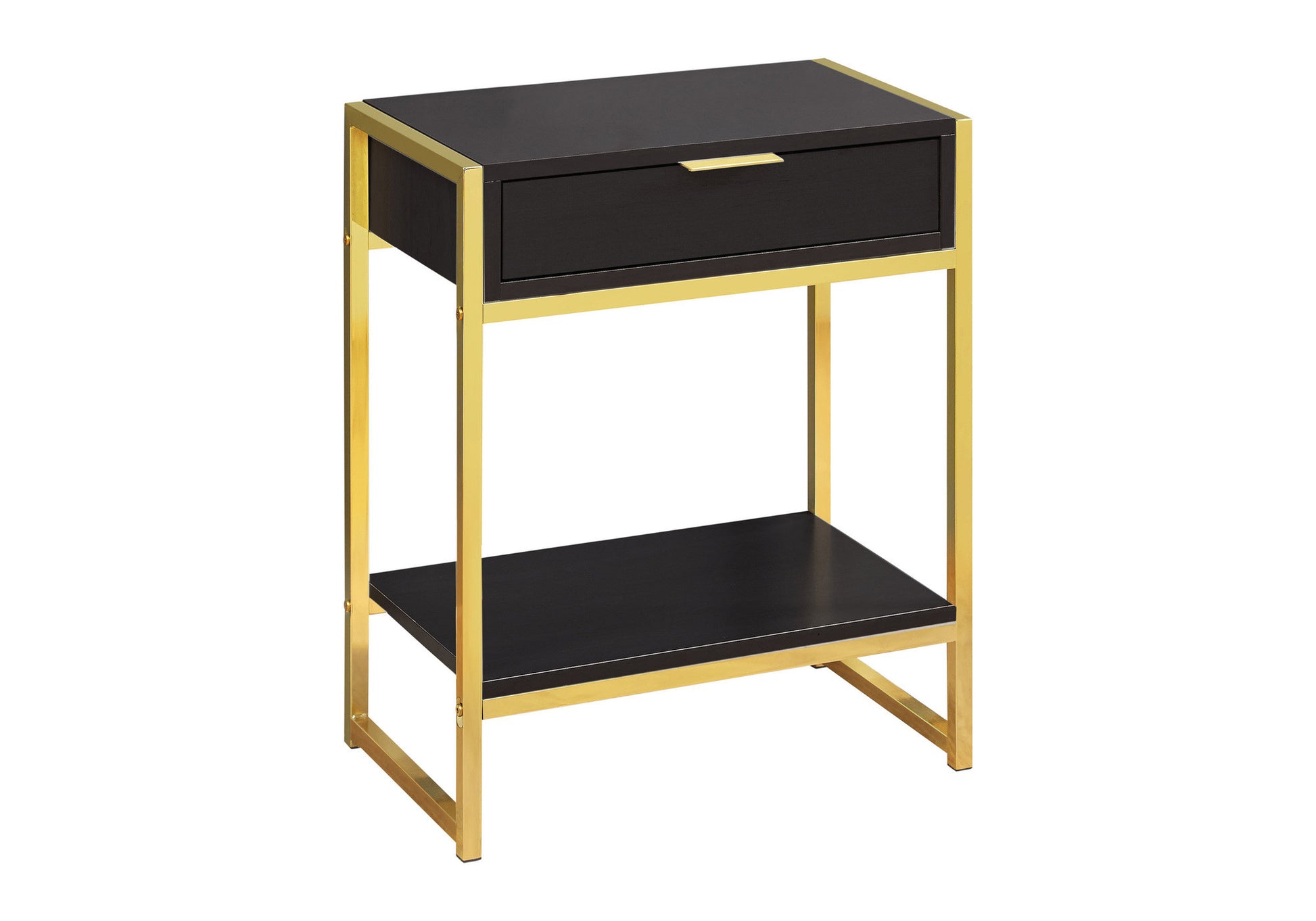 24" Gold And Dark Brown Wood And Metal End Table With Drawer And Shelf-4