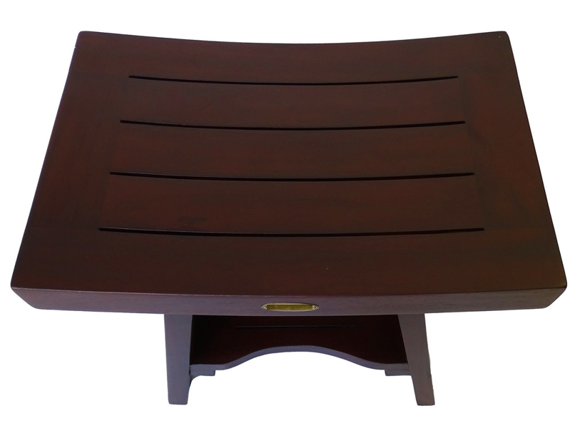 Compact Curviliniear Teak Shower Outdoor Bench With Shelf In Brown Finish-1